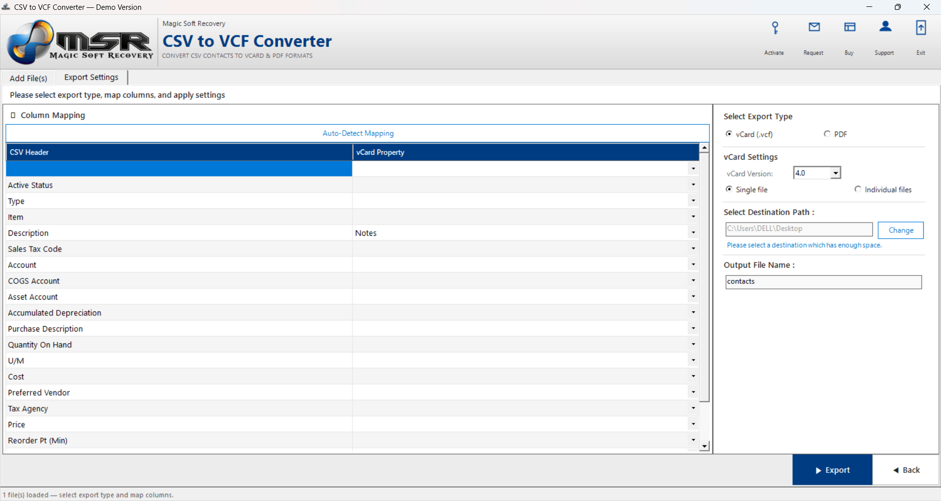 Magic Soft CSV to VCF Converter program window