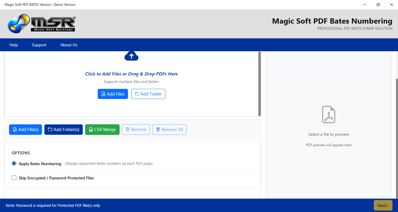 Magic Soft PDF Bates Numbering program window