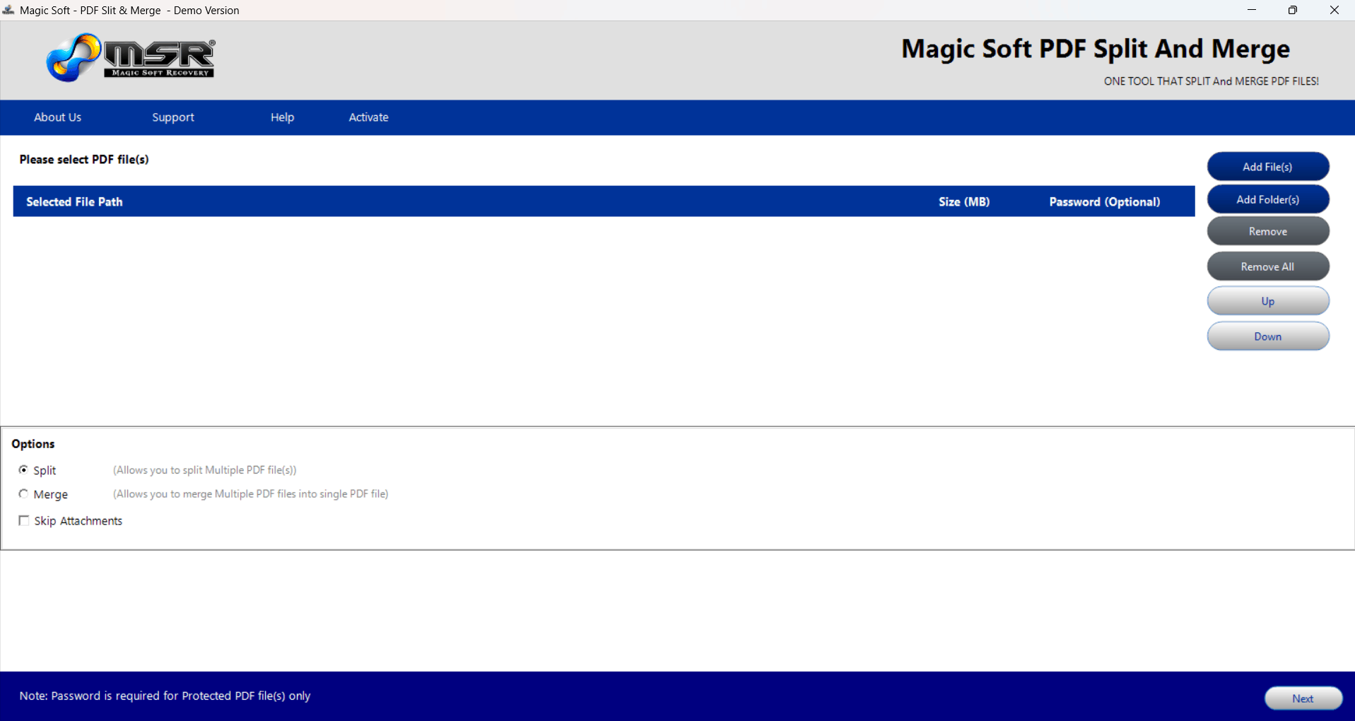 Magic Soft PDF Split & Merge program window